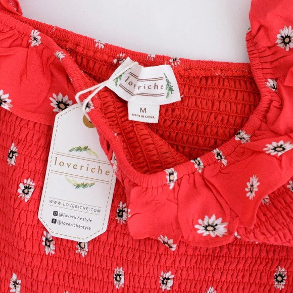 Loveriche Red Floral Smocked  Bodice Fit Flare Summer Sun Mini Dress M - Picture 13 of 13